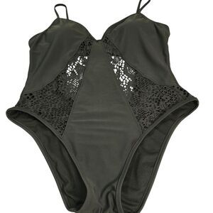 Mossimo Swim Suit Wear Bodysuit‎ Sz Large Green Lace Front Full Piece Open Back